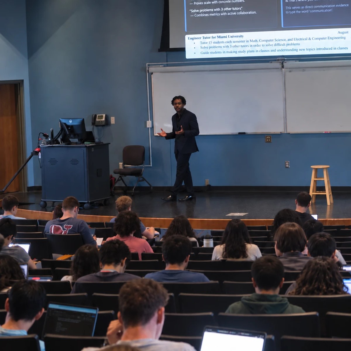 Vanwayne Chaney Jr. teaching a full lecture hall of engineering students at Miami University
